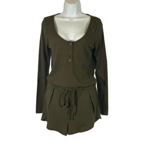 Tobi Green Long Sleeve Drawstring Waist Button Front Romper Size Small‎